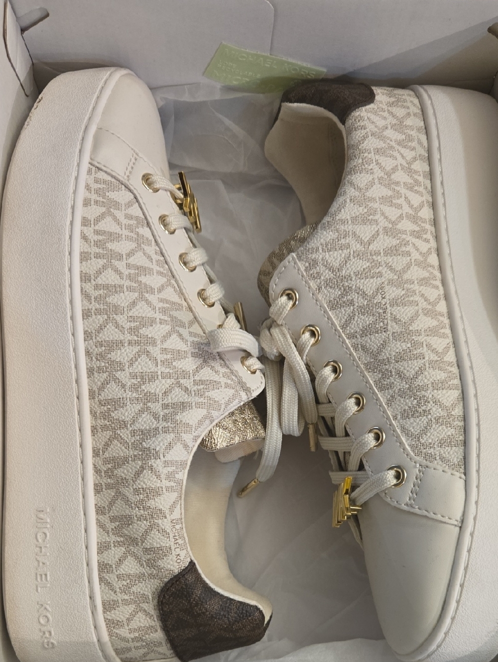Michael Kors White and Gold Signature Lace-Up Sneakers - Picture 5 of 5